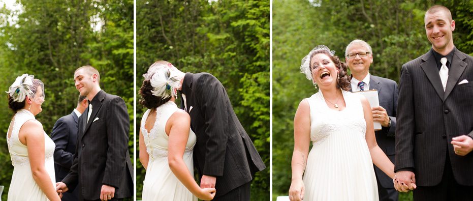 the first kiss at a Fergus, Ontario wedding shot by their wedding photographer
