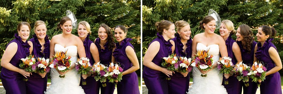 the elegant bride and her bridesmaids donning fashionable purple frocks