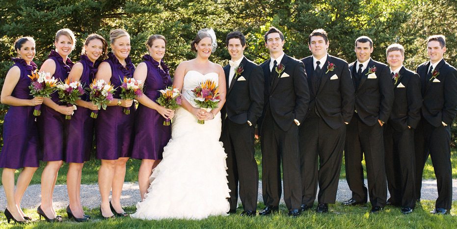 elegant wedding party clad in purple as photographed by Kitchener, Ontario wedding photographer