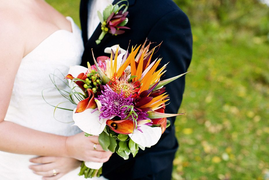 Beautiful tropical floral bouquet at a Kitchener wedding as photographed by Kitchener Fine Art wedding photographer