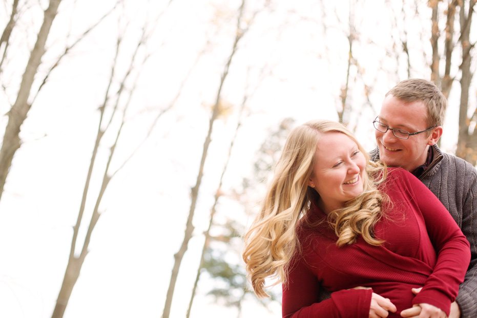 A fun moment captured between an engaged couple photographed by Tillsonburg wedding photographer
