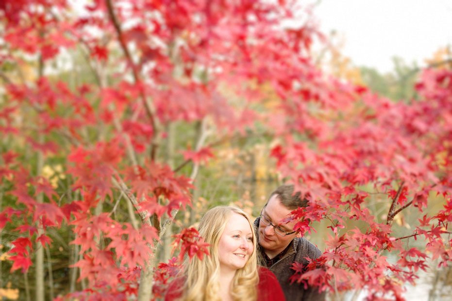 under a foliage of red leaves captured by a wedding photographer in Toronto