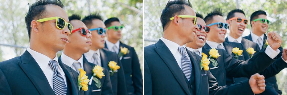 the groom and his groomsmen dons colourful glasses for a fun Cambodian wedding in Kitchener-Waterloo