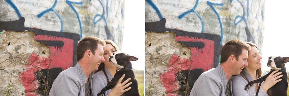 a couple plays with their dog during their engagement session