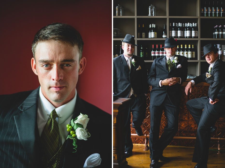 Toronto wedding photojournalist shoots a vintage inspired portrait of the groom and his groomsmen in Port Hope, Ontario